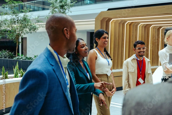 Obraz Finance professionals engaging in a lively discussion in a modern office lobby