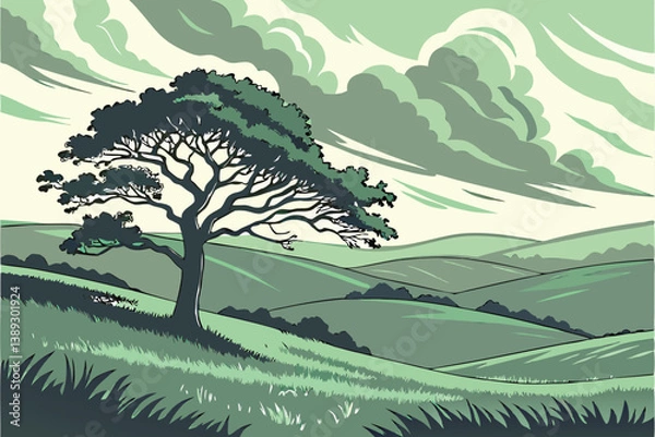 Fototapeta 117 Lone tree, vast green field, rolling hills, dramatic cloudy sky, moody atmosphere, soft pastel colors, minimalist landscape, ethereal lighting, serene countryside, expansive horizon, solitary natu
