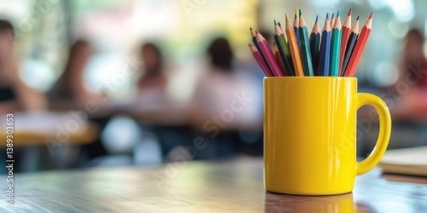 Fototapeta A yellow mug filled with colorful pencils placed on the table, with blurred-out students in class, creating a vibrant and educational atmosphere with copy space on the left.