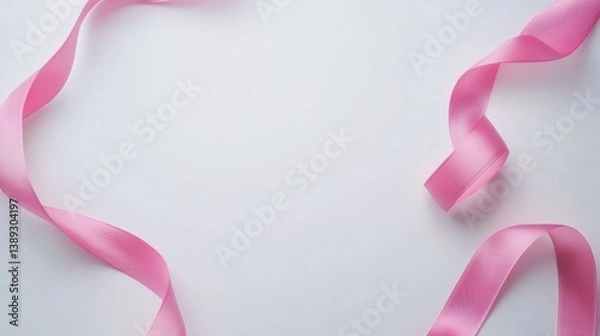 Fototapeta A simple yet powerful flat lay image of a pink ribbon on a white background, symbolizing cancer awareness with space for educational or charitable content.