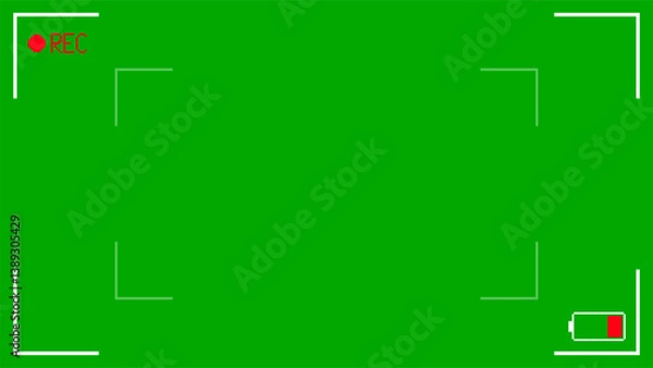 Fototapeta Camcorder screen interface with low battery signal. Pixel art camera viewfinder interface retro video game style. Videotape recording with green background, vector.