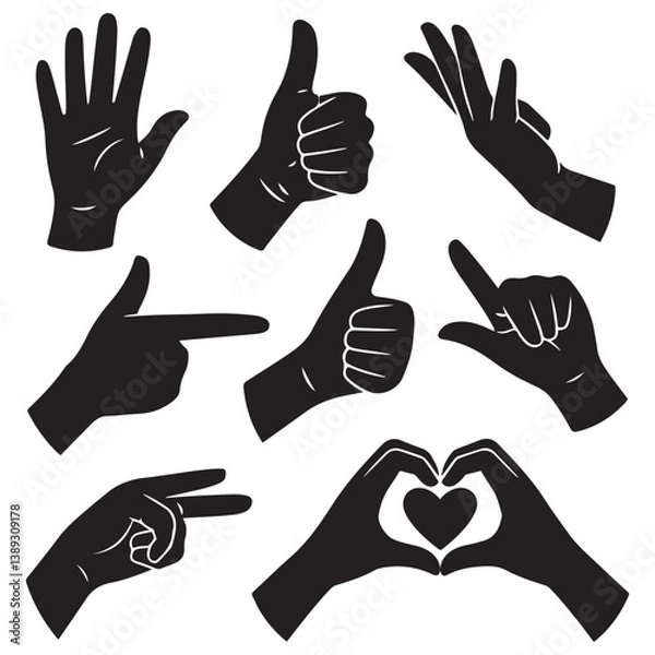 Fototapeta Set of various Silhouette Vector Black silhouette woman hands. collection of female hands of different gestures. Trendy minimal style for logos, prints, designs, illustrations. with white background