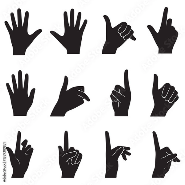 Fototapeta Set of various Silhouette Vector Black silhouette woman hands. collection of female hands of different gestures. Trendy minimal style for logos, prints, designs, illustrations. with white background