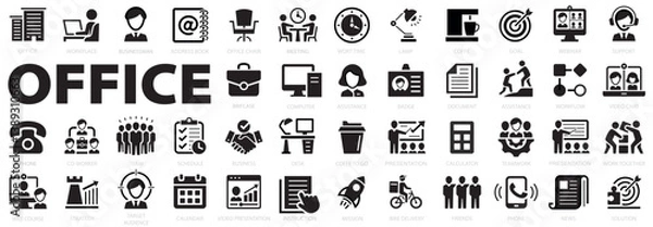 Fototapeta Office icon set. Office and workplace web icons. Briefcase, desk, computer, meeting, employee, schedule and co-worker, business, support and more. Editable stroke. Vector illustration