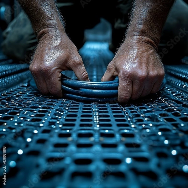 Fototapeta Close-up of worker hands installing industrial cable in a technical environment. Concept of hard work, labor, energy infrastructure, and technology