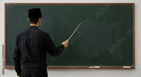 Fototapeta Muslim Educator Using Pointer at Chalkboard, Rear View