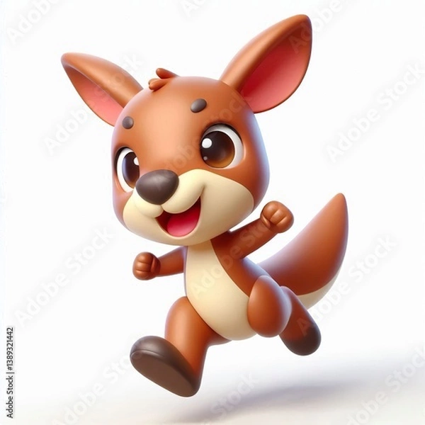 Fototapeta Animated character 3D image of happy brown gold kangaroo jumping, cute design, white background