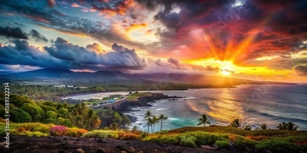 Fototapeta Hilo Bay Hawaii Time-lapse: Mauna Kea Sun Rays & Clouds