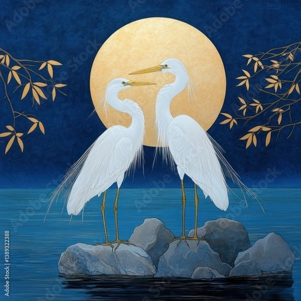 Fototapeta Egrets Under the Moon By Generated AI
