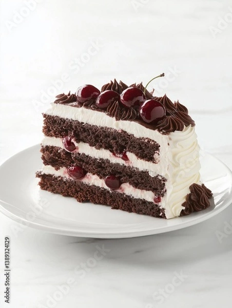 Fototapeta The image is of a slice of cake on a white plate. the cake is a dark chocolate cake with a layer of white frosting on top.