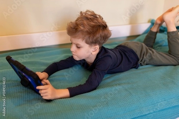 Obraz Child engrossed in tablet activity while lying on blue blanket indoors during daytime