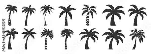 Fototapeta Palm tree summer logo, coconut tree icon. Palm tree silhouette icon. Miami beach tropic coconut tree. Summer hawaii palm tree icon set.