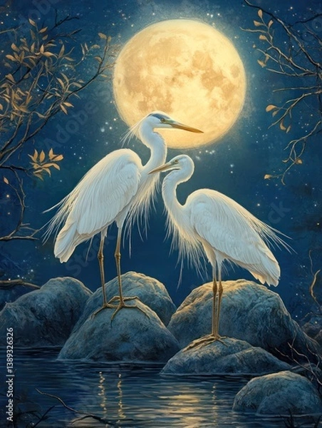 Fototapeta Egrets Under the Moon By Generated AI