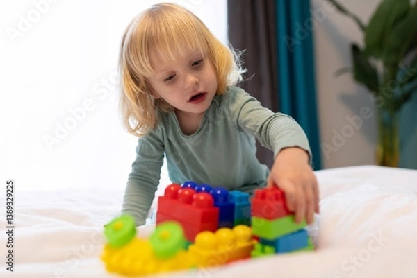 Fototapeta Child builds colorful structures with blocks on a bed in a cozy indoor setting during the afternoon
