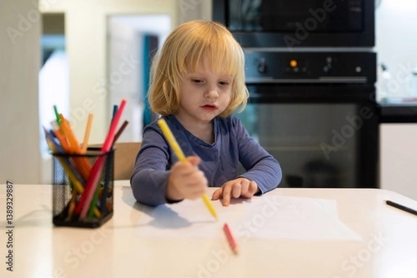 Obraz Child engages in creative drawing at kitchen table using colorful markers during daylight hours
