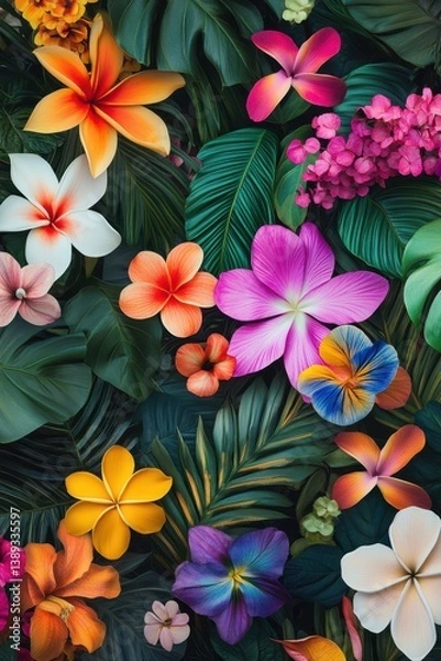 Obraz A vibrant image of various colorful tropical flowers and green leaves