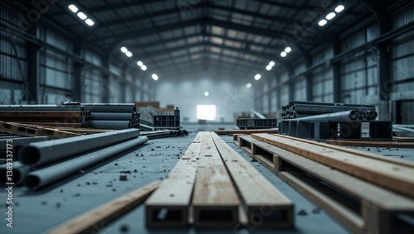 Fototapeta Building materials laying on floor in empty warehouse
