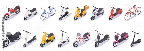 Obraz Various isometric bicycles, scooters, and motorcycles in different styles and colors on a white background. Concept of urban transportation. Vector illustration