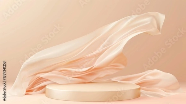 Fototapeta Plain beige backdrop featuring round podium and soft flying cloth. Ideal for showcasing products, fashion, and minimalist designs