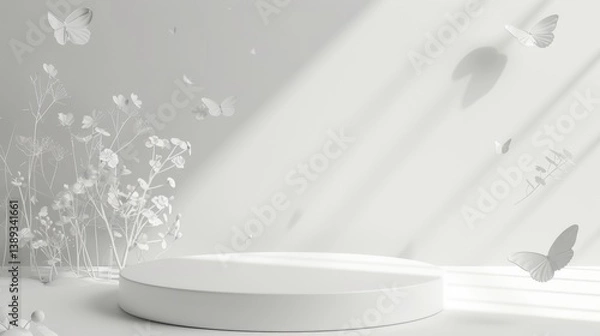 Fototapeta Minimalistic white podium with flying butterflies and flowers. Ideal for showcasing products, beauty, and fashion in a simple, clean style.