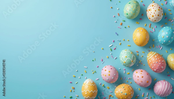 Obraz Vibrant Pastel Easter Eggs and Confetti on a Light Blue Festive Background"