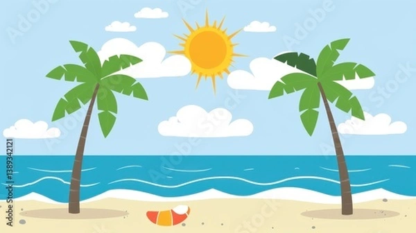 Fototapeta Flat vector illustration of palm trees on the beach with a sunset and clouds. Bold outlines and flat colors create a vibrant summer vibe