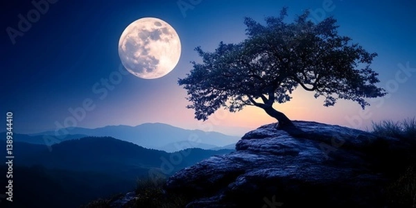 Fototapeta Full moon over mountains with tree on a rock at night. Perfect for nature and serenity visuals