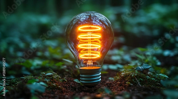 Obraz Vintage filament light bulb glowing in forest floor with moss and green foliage background. Concept of sustainable energy, environmental innovation and green technology solutions
