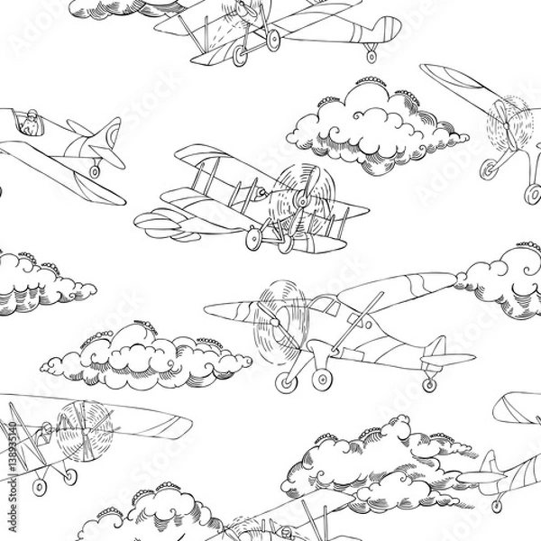 Obraz Seamless pattern with clouds and airplanes