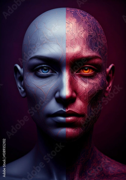 Obraz Digital character portrait in pink neon light with cyberpunk textures and divided facial tones