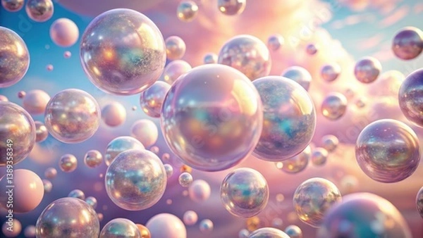 Fototapeta Iridescent Spheres Floating in a Dreamlike, Pastel Sky, Reflecting Light and Color, Creating a Surreal and Ethereal Atmosphere