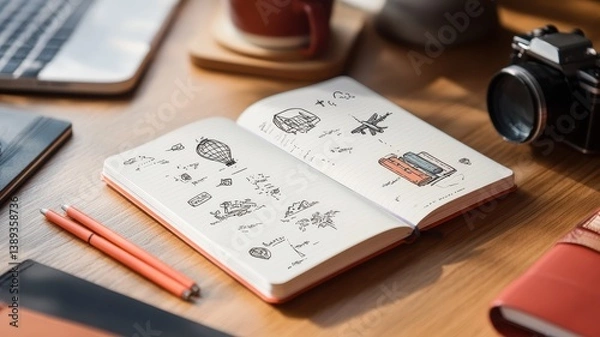 Fototapeta Creative workspace with open journal featuring travel sketches and modern gadgets. Fly aesthetic