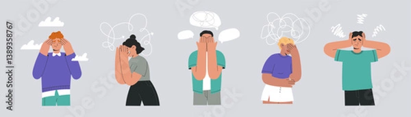 Fototapeta Unhappy people in bad mood set, suffering from ADHD, OSD and mental disorders. Confused characters with tangled thoughts, anxiety, grief and depression, Flat vector illustrations isolated background