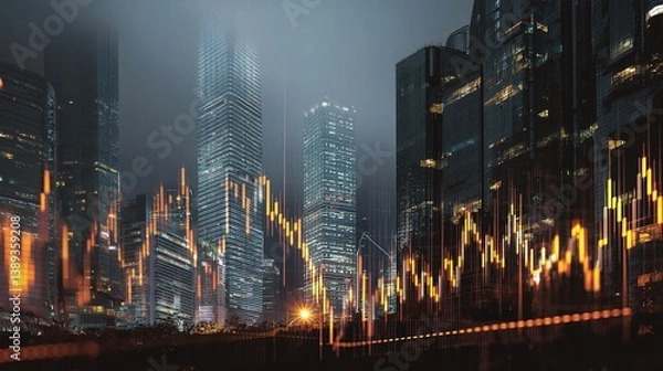 Obraz Double Exposure Financial Graph with Cityscape Background at Night