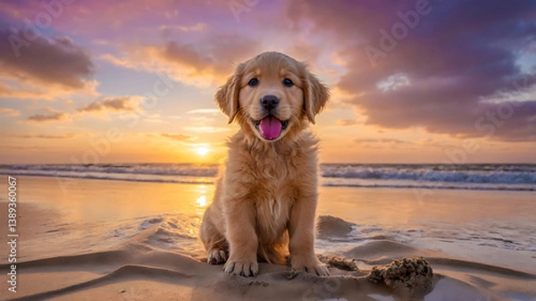 Fototapeta A Cute Golden Retriever Puppy, Sitting and Enjoying the Sunset on a Sandy Beach