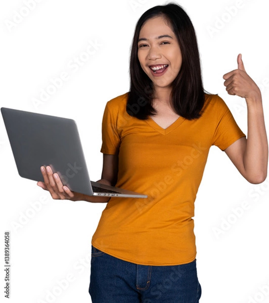 Obraz Portrait of a Young Woman Holding a Laptop with a Confident Smile Isolated Transparent