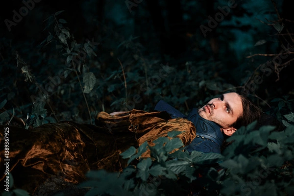 Obraz A fairy knight lying on the forest ground, surrounded by foliage, wearing ornate clothing and a cloak.