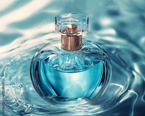 Obraz Luxury perfume glass bottle with light blue liquid with gold cap standing on blue water surface