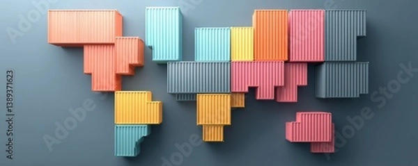 Obraz Import Tariffs policy impact concept. Colorful abstract representation of a world map using container shapes.