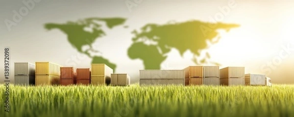 Obraz Import Tariffs policy impact concept. Containers in a field with a world map silhouette in the background.