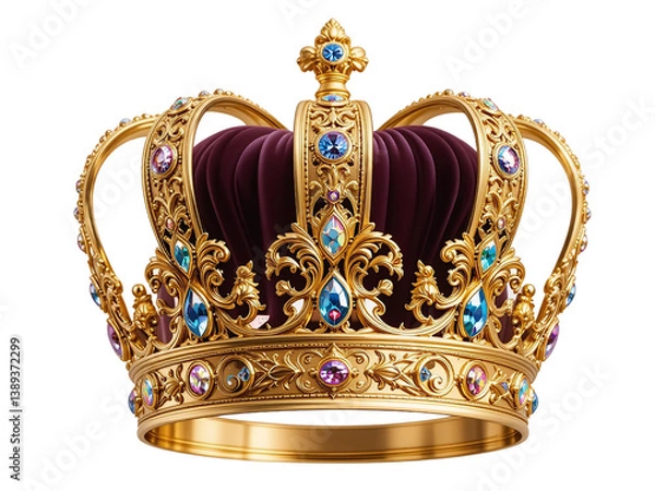 Fototapeta A majestic golden crown with sparkling precious stones, isolated on a transparent background for royal and luxury themes.