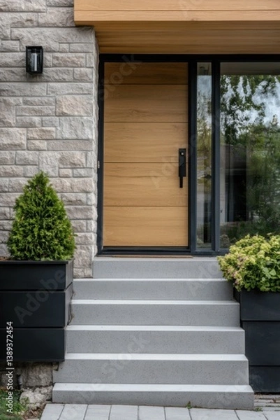 Fototapeta Modern entrance with sleek wooden door and stylish landscaping in a contemporary home located in a suburban neighborhood during daytime