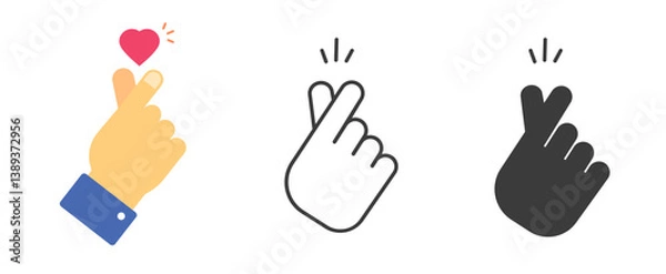 Obraz Heart fingers icon sign hand gesture simple line stroke outline graphic illustration set, love thumbs shape silhouette pictogram solid symbol image clip art