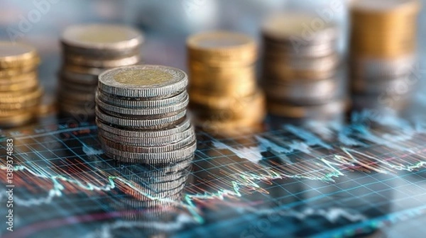 Fototapeta Double Exposure of Financial Graph with Stacked Coins and Rows