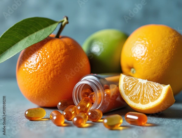 Obraz Vitamin C capsules spill beside fresh oranges and lime, showcasing a natural health concept.