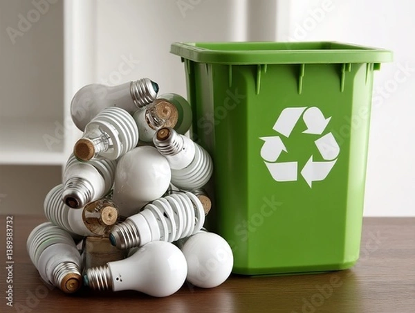 Obraz A stack of used lightbulbs next to a recycling bin, ready for disposal - waste green household discarded