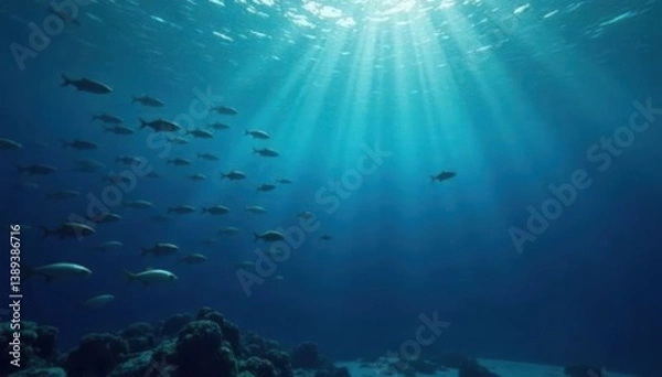 Obraz Dark blue ocean surface with schools of silvery fish swimming in the distance, ocean floor, blue