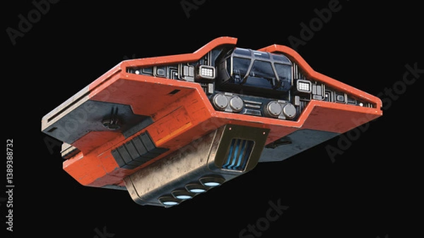 Obraz 3d render of sci-fi resource-mining spaceship, scratched metal orange color. View of the ship's captain's control room. The cargo ship on board transporting dropshipping, minerals on dark background.