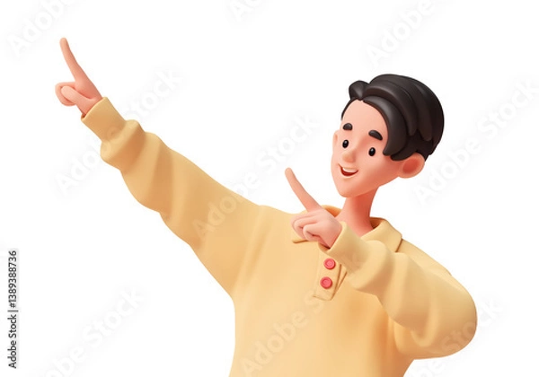 Fototapeta 3d render portrait of young handsome smiling asian brunette guy with open mouth in dynamic pose looking pointing with two hands index fingers in empty space, advice, great offer on white background.