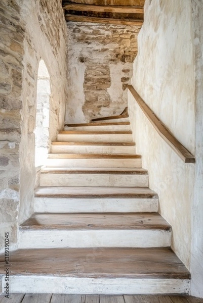 Fototapeta A beautifully crafted staircase ascends to the upper level of a charming rustic stone building, featuring whitewashed walls and elegant wooden accents, all bathed in the warm glow of daylight